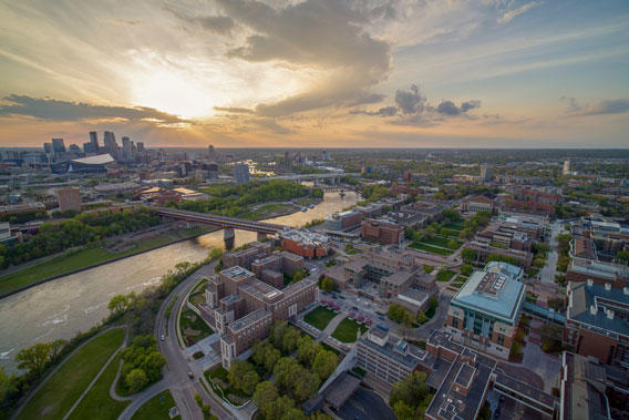 aerial view of the campus, Mississippi River, and downtown Minneapolis